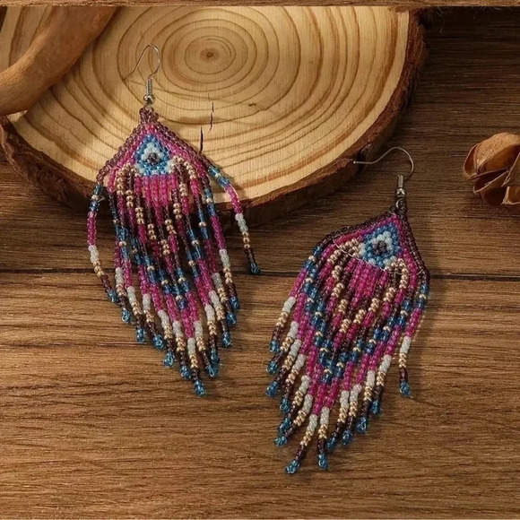 1 LEFT! Colorful Beaded Bohemian Tassel Earrings - Picture 3 of 4